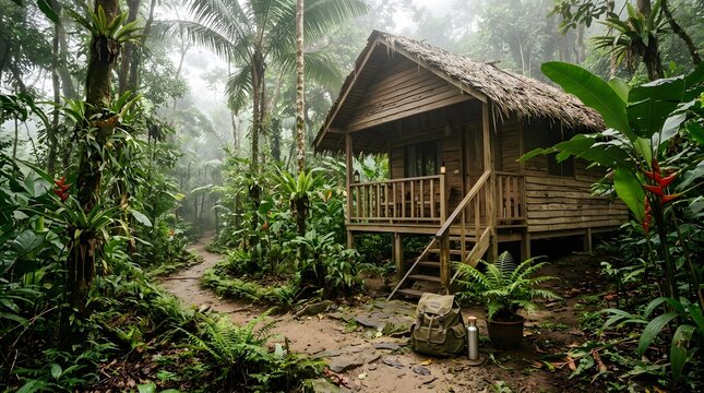 Rustic wooden cabin nestled in the lush, misty heart of a tropical rainforest with a winding dirt path.