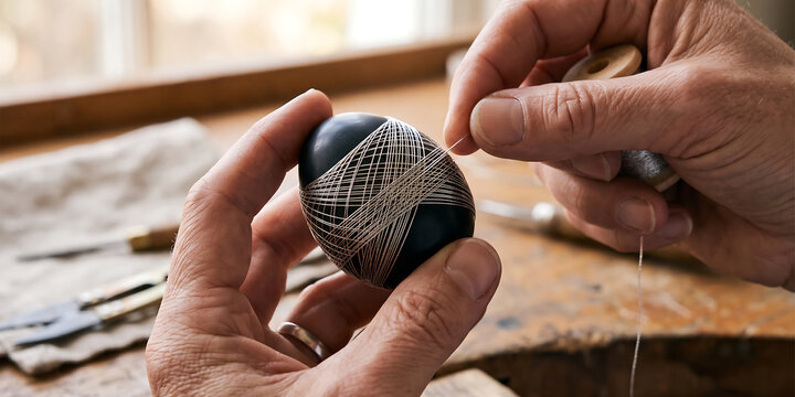 Artisanal hand wraps fine silver wire around polished black egg to create intricate geometric patterns in traditional craft workshop environment.