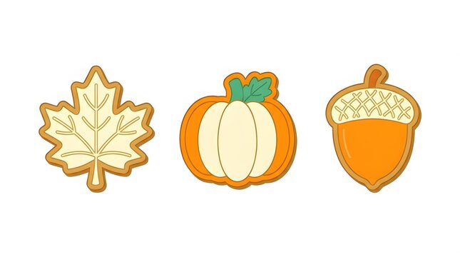 Set of three autumn themed cookies shaped like a maple leaf a pumpkin and an acorn.