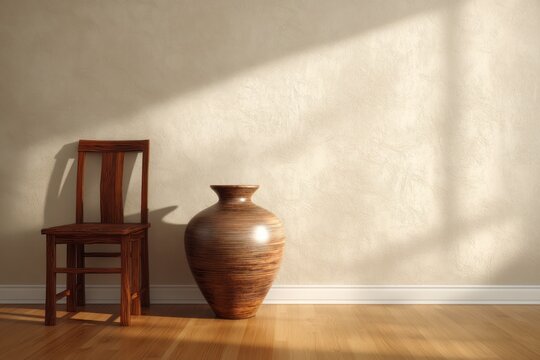 Wooden chair and vase casting a shadow against a textured wall, with a wooden floor