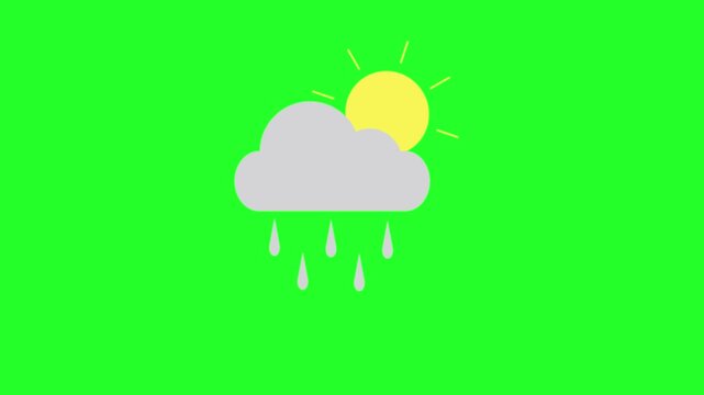 Sun and Rainy Cloud Animation Green Screen. Animated rainy cloud with sun weather icon on green screen background. Ideal for meteorology reports, rainy day visuals, and weather app motion graphics.