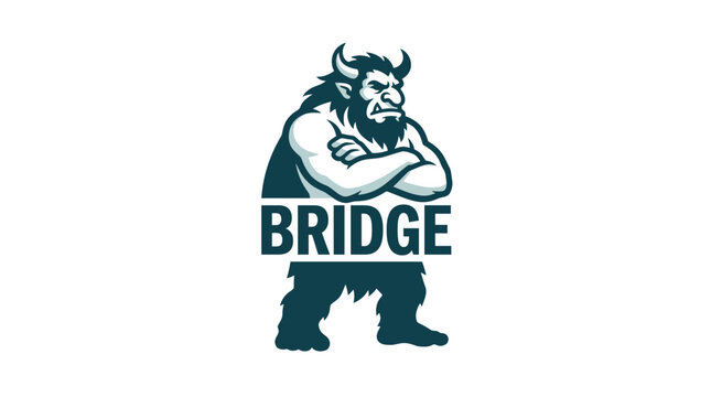 Fierce troll mascot logo design with folded arms and bridge typography.