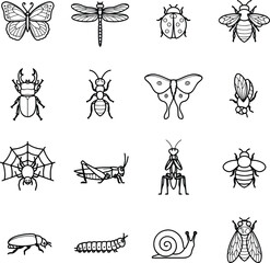 Fototapeta premium Insects and Bugs Line Art Icon Set Vector Illustration