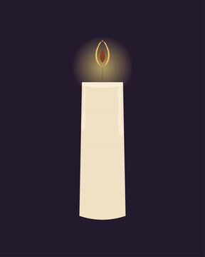 Minimalist vector illustration of a single burning white candle with a glowing flame on a dark purple background, perfect for hope, peace, and memorial concepts.