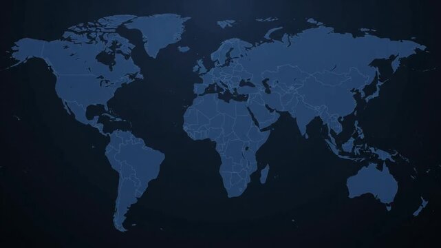 Animated global communications network with glowing nodes on world map