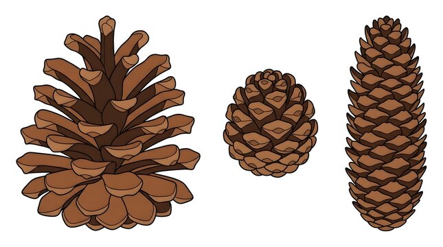 Hand drawn illustration of three different pine cones isolated on white background.