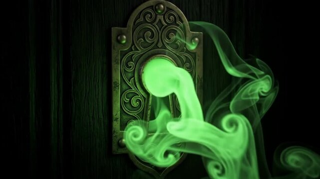 Cinematic 4K Mysterious Green Magical Smoke Pouring Out of Ornate Vintage Keyhole on Dark Haunted Door Seamless Loop