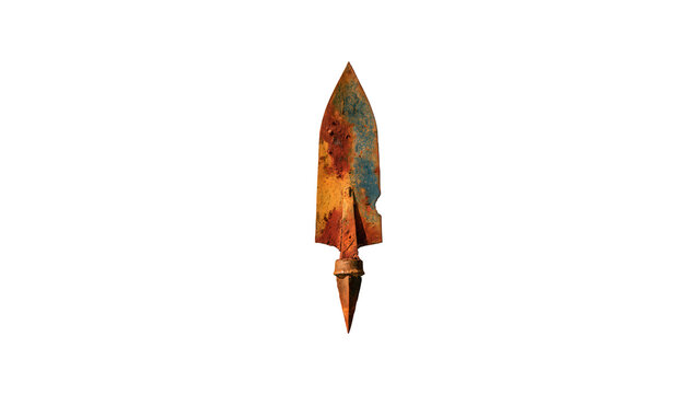 Rusty metal arrowhead with broken edge with stains isolated transparent on transparent background