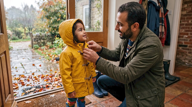 Father fastening his child`s yellow raincoat hood for autumn rainy day at home entrance for parenting blogs, family websites, lifestyle articles, and childhood content