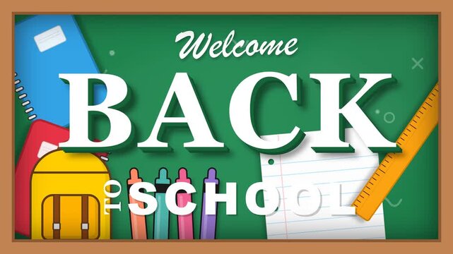 Animated Welcome Back to School Background with Chalkboard and Colorful Educational Supplies