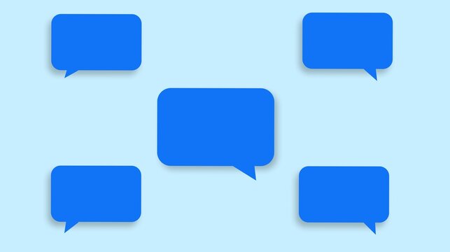 Five blank blue speech bubbles arranged symmetrically on a light blue background