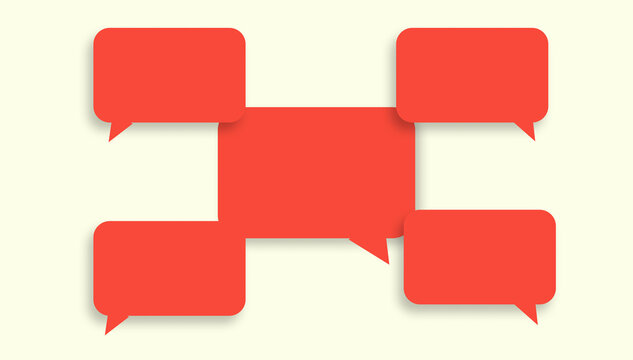 Five red speech bubbles arranged in a pattern resembling the letter H on a light beige background.