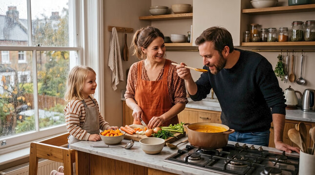 Happy father tasting homemade pumpkin soup with his family in a cozy kitchen for parenting blogs, healthy lifestyle content, cooking websites, and authentic family moments
