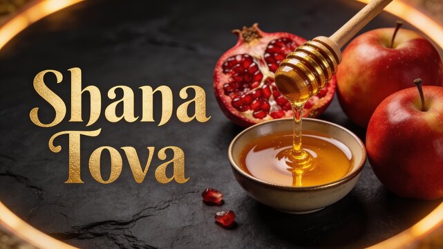 Shana Tova Rosh Hashanah Flat Lay with Apples Pomegranate Seeds and Honey