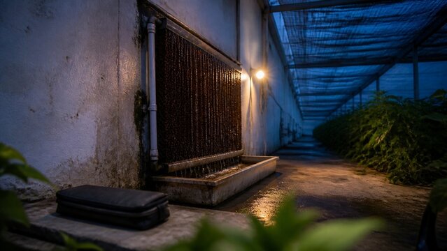 industrial greenhouse interior at night, evaporative cooling pad system, rows of green plants, moody artificial lighting, agricultural technology
