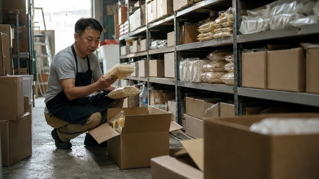 middle aged asian man wearing black apron, worker packing food products into cardboard boxes, warehouse storage with industrial shelves