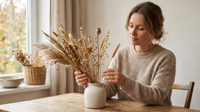 Woman arranging delicate dried wheat stems and natural seed heads in a white ceramic vase for minimalist autumn display, natural home decor, and cozy hygge content