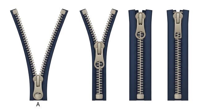 Set of four clothing zipper phases in various open and closed states