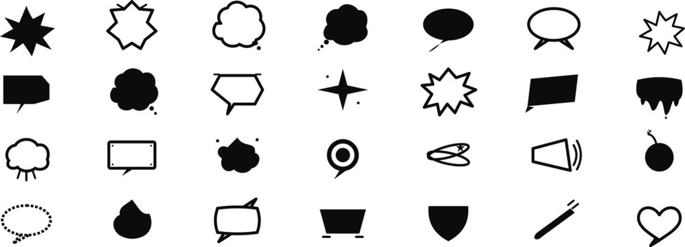 Speech bubbles and graphic elements set featuring diverse shapes for creative design projects and labeling.