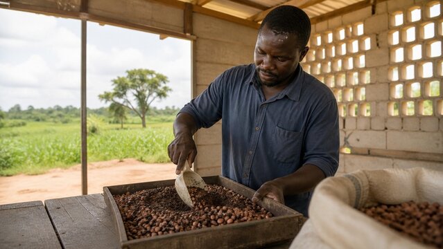 Man inspecting large pile of coffee beans in rustic setting, agricultural commerce focus, perfect for coffee industry marketing materials, showing quality control process