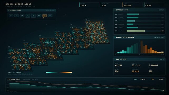 Neural network training dashboard with layered weight maps and gradient flow visualization
