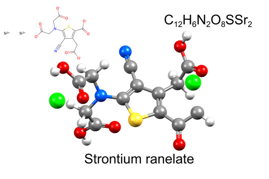 Structure of strontium ranelate, a medicine for osteoporosis. Chemical formula, structural formula, and 3D ball-and-stick model