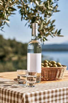 Clear spirit bottle with shot glasses and olives on a checkered tablecloth outdoors by the water