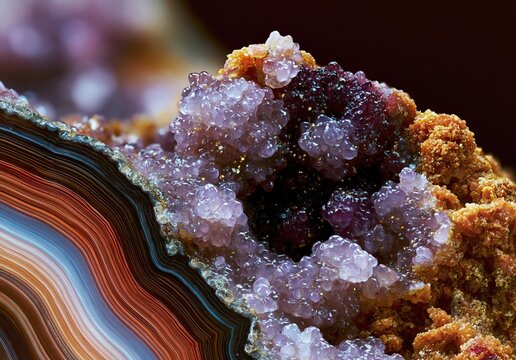 Close up abstract of amethyst geode crystals with banded agate layers
