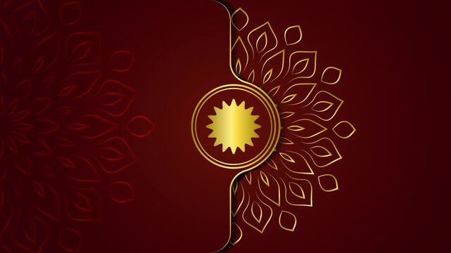 Luxury red and gold mandala motion graphic background with rotating golden ornamental floral pattern and emblem for animation invitation event