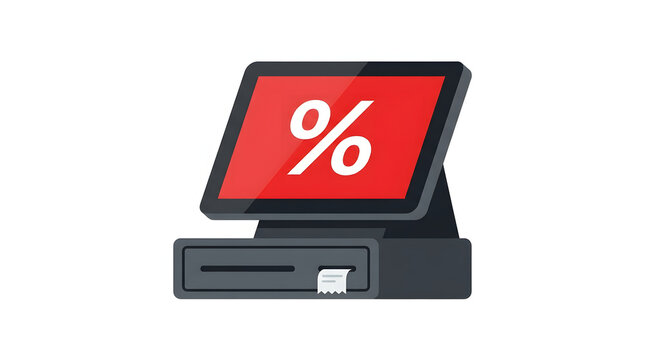 Modern cash register display with percentage discount symbol for retail sales promotion