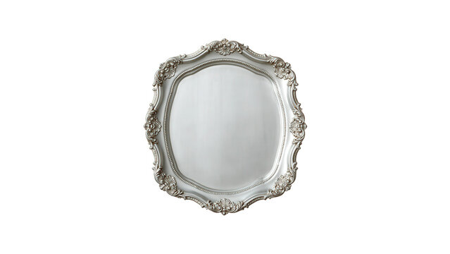 Vintage silver ornate mirror with frame isolated transparent reflection on transparent background