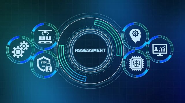 Digital business assessment concept with futuristic HUD interface and technology icons.