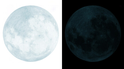 Full moon celestial illustration set, glowing lunar sphere on black and white backgrounds, realistic moon surface texture for astronomy design © Abul Kalam