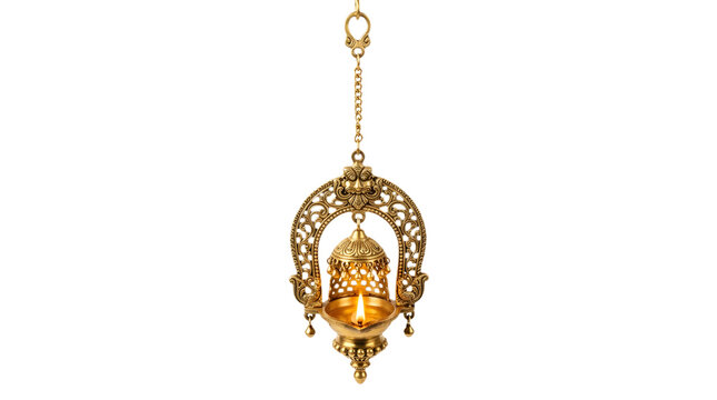 Traditional ornate brass hanging diya lamp with intricate carvings and a lit flame, isolated on transparent background