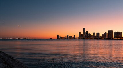 Fototapeta premium Serene city skyline at dawn reflecting on calm water with crescent moon in clear sky