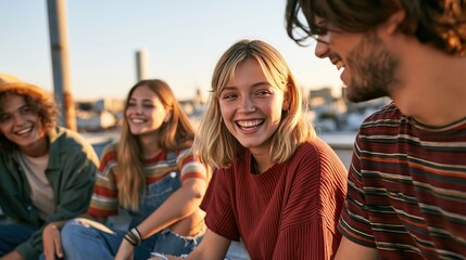Fototapeta premium Diverse group of young friends laughing and enjoying a sunny outdoor gathering, capturing a moment of joy and connection