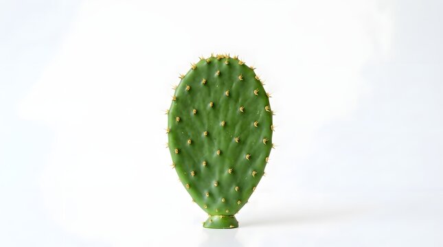 Single green prickly pear cactus against white background