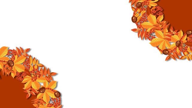 Autumn Equinox Fall Leaves Corner Border Animation on White Background.