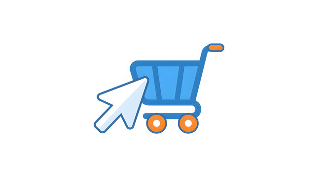 Blue shopping cart icon with a cursor representing online retail purchase and digital commerce.