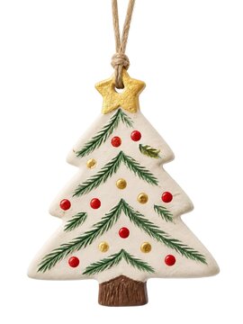 "A charming, handcrafted ceramic Christmas tree ornament featuring hand-painted pine branches, festive red and gold baubles, and a shining star topper hung by a rustic jute twine."