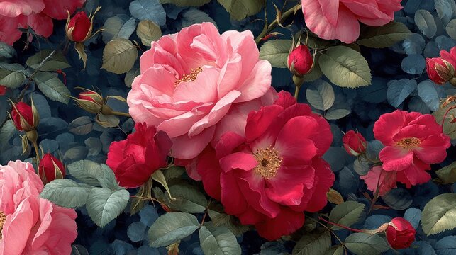 Close-up of roses in varying shades against dark background with green foliage