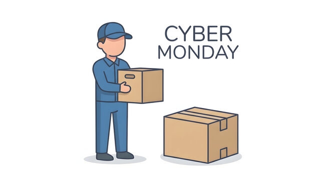 Delivery man carrying cardboard parcel for Cyber Monday online shopping sale