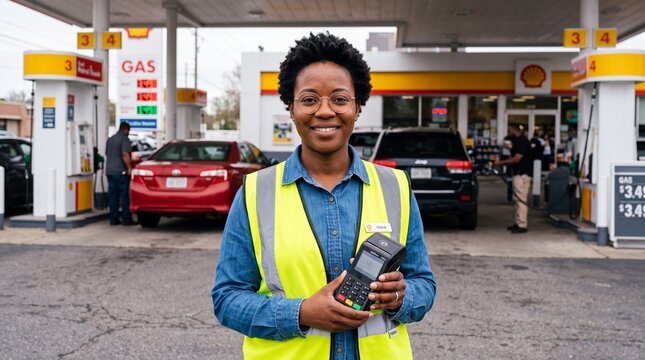 Store clerk holding wireless payment terminal machine at outdoor gas station. Smiling african american female attendant offering contactless service at fuel pump.