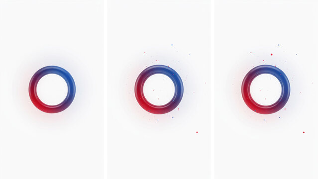 Three views of a red and blue gradient ring shape with floating particles on white background