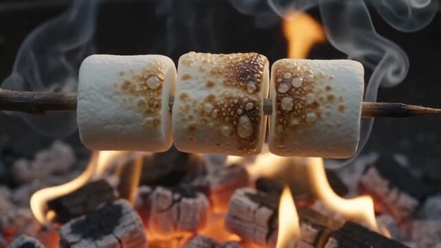 Three marshmallows on stick roasting over burning charcoal grill