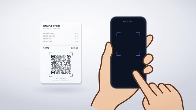 Hand scanning a receipt QR code with a smartphone to complete a mobile payment