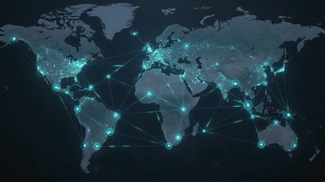 Looping animated global digital network with cyan nodes on world map