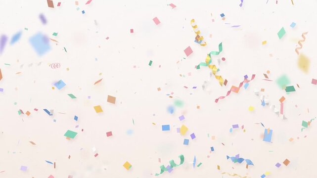 Colorful pastel confetti and streamers falling against a soft white background