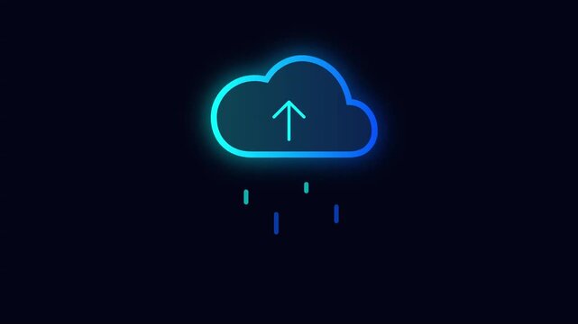 Futuristic cloud computing animation featuring a glowing cyan cloud, upward upload symbol and clean digital interface elements on a dark background.