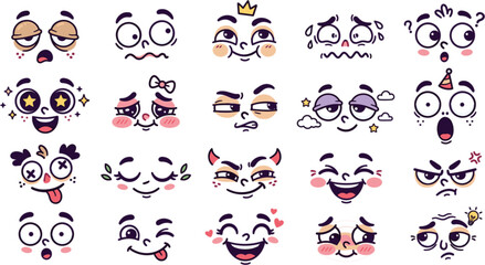 Fototapeta premium Set of cute cartoon faces with various emotions and expressions